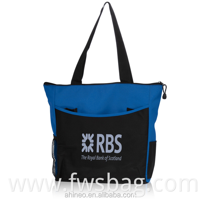 Wholesale Custom Recycled Trade Show 600 Denier Polyester Canvas Tote Bag With Outside Pockets